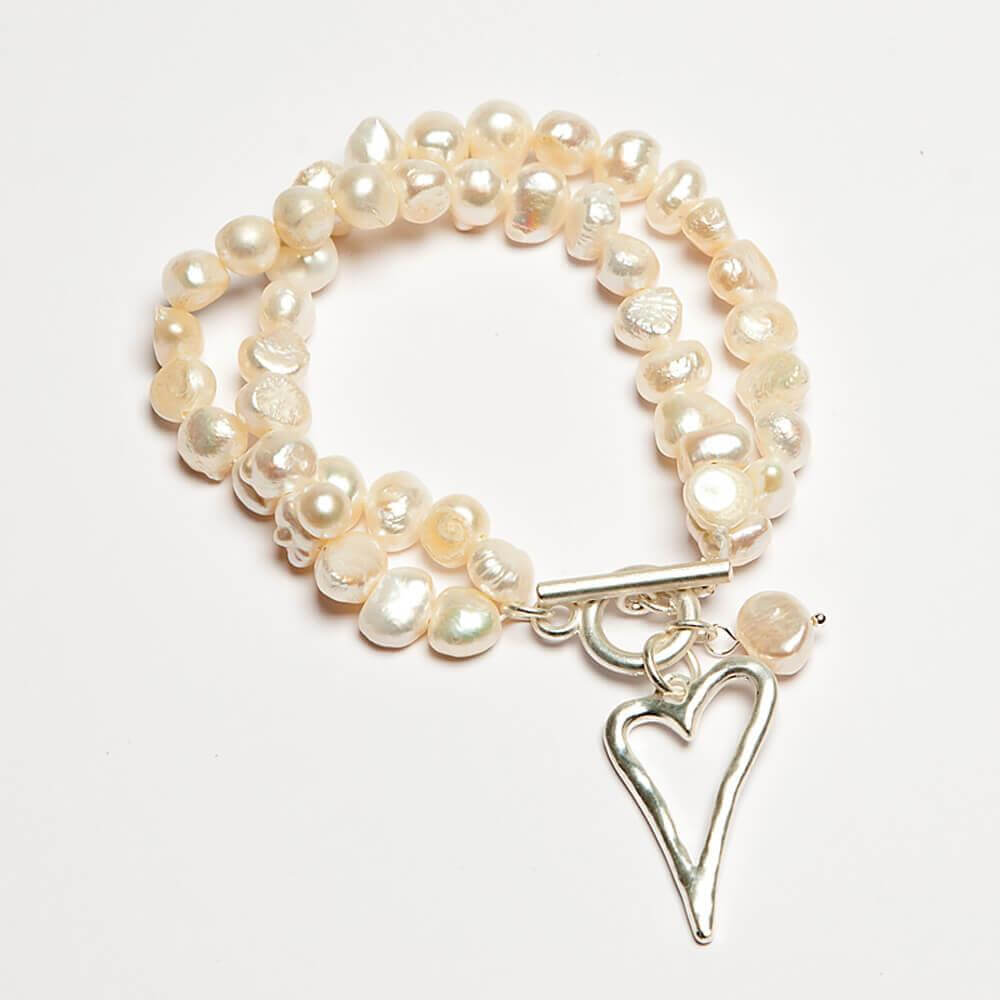 Eliza Gracious Twin Strand Pearl Outline Heart Bracelet